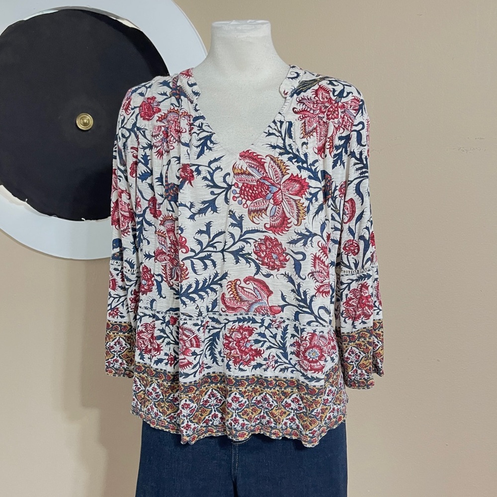 Lucky Brand Vintage Paisley V-Neck Long Sleeve Top Size M